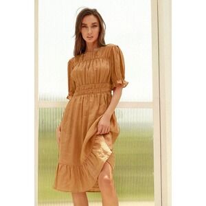 Frieeah Linen Puffed Sleeves Pleated A-Line Midi Dress Ginger Women's Size M